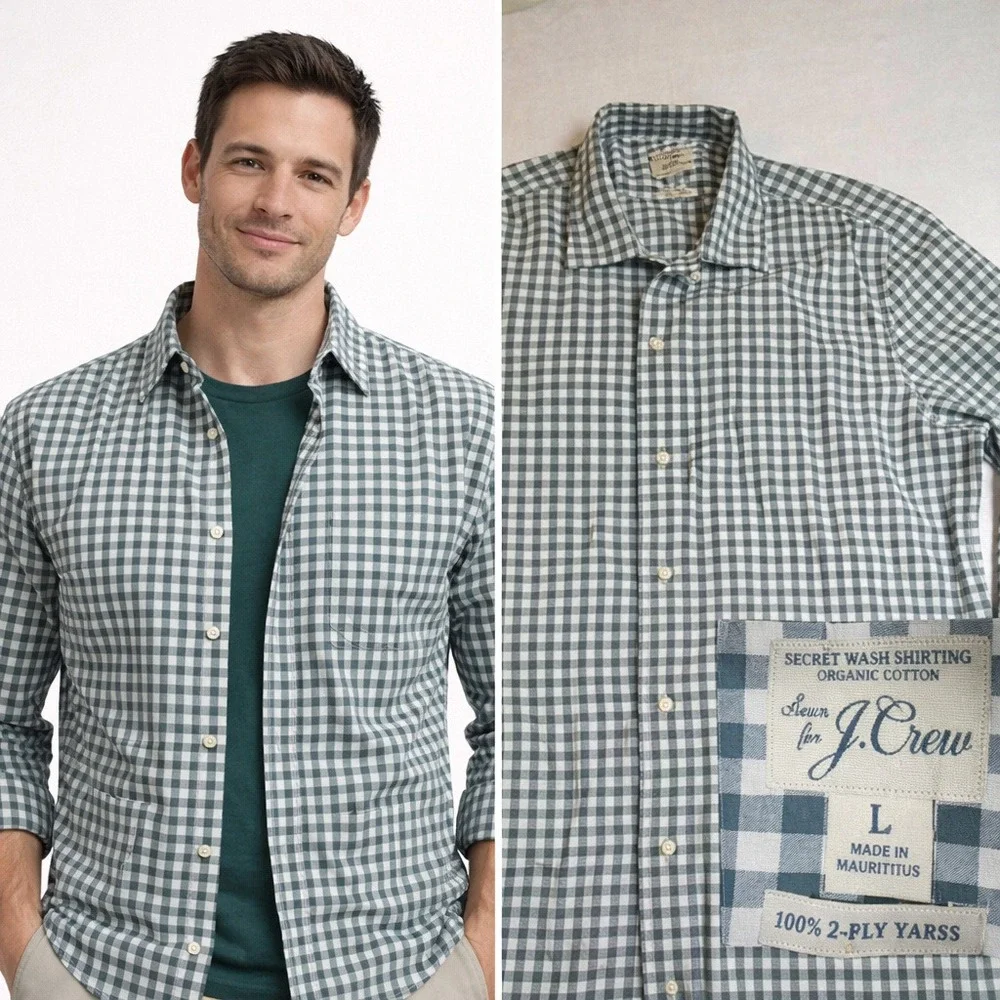 J Crew Organic Cotton Green Button‎ Up Shirt Mens Large Gingham Layering Preppy